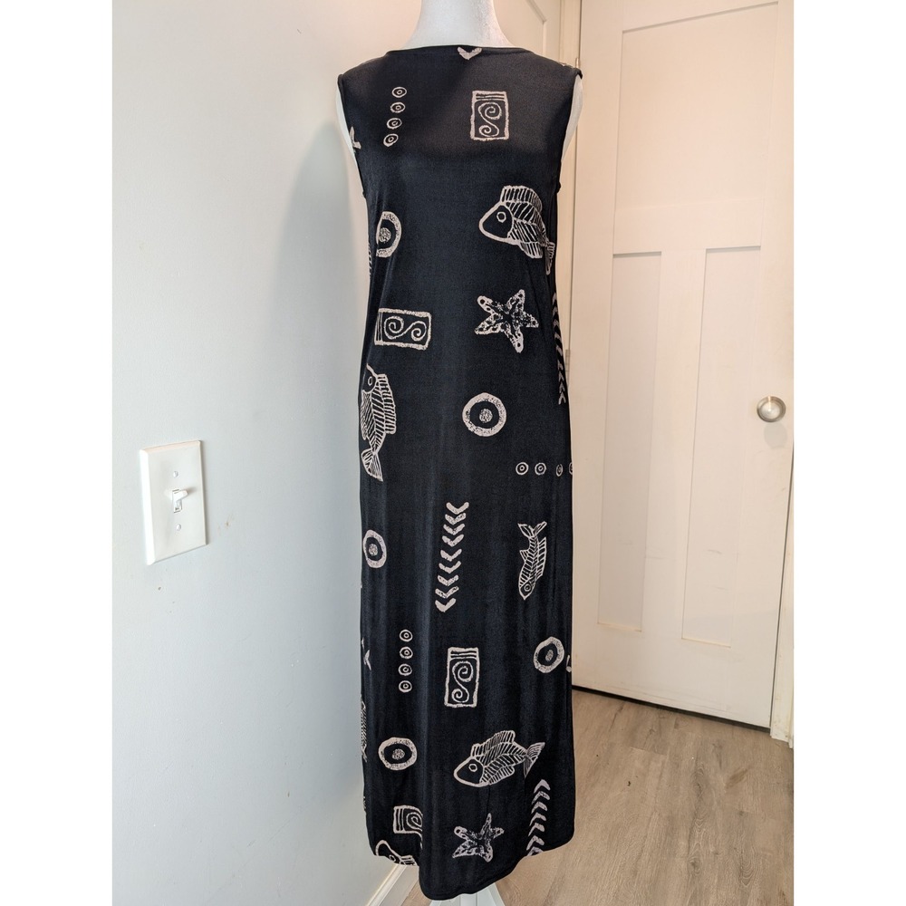 Michael Carrie 90s Dress Fish Midi Summer Costal Beach Black Women's Size S